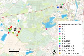 Aedes koreicus vangsten per jaar