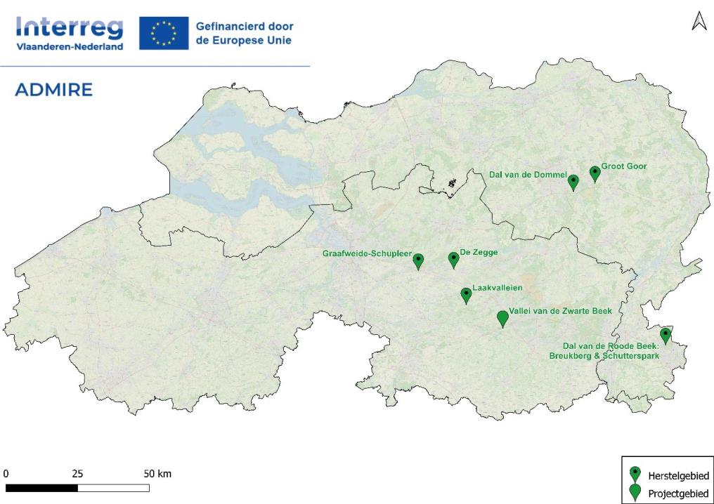 Overzichtskaartje met ligging projectgebieden in Vlaanderen en Nederland